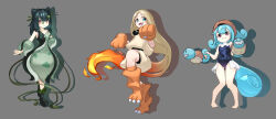 Rule 34 | 3girls, absurdres, animal feet, animal hands, barefoot, black footwear, blonde hair, blue eyes, blue hair, blue one-piece swimsuit, brown headwear, bulbasaur, charmander, closed mouth, collarbone, creatures (company), detached sleeves, drop shadow, eyelashes, fang, fiery hair, game freak, gen 1 pokemon, grey background, hair ears, highres, holding, holding watering can, multiple girls, nintendo, one-piece swimsuit, open mouth, oufuoujifuji, plant, pokemon, purple eyes, red eyes, simple background, skin fang, smile, squirtle, starter pokemon trio, swimsuit, vines, watering can