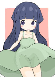 Rule 34 | 1girl, :d, absurdres, bare arms, bare shoulders, black hair, blush stickers, brown background, collarbone, commentary request, dress, furude rika, green dress, highres, higurashi no naku koro ni, long hair, looking at viewer, open mouth, purple eyes, rururu (pyrk8855), sleeveless, sleeveless dress, smile, solo, two-tone background, very long hair, white background