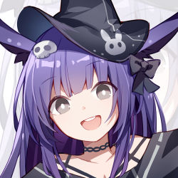 Rule 34 | 1girl, :d, animal ears, arknights, black bow, black eyes, black hat, bow, choker, hair bow, hair ornament, hat, long hair, looking at viewer, official alternate costume, open mouth, portrait, purple hair, quan (kurisu tina), rabbit ears, rope (arknights), rope (imp&#039;s house) (arknights), skull hair ornament, smile, solo, witch hat, zoom layer