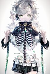 Rule 34 | 1girl, :&lt;, belt, black capelet, black shorts, capelet, capelet lift, closed mouth, clothes writing, cowboy shot, fingernails, flower, frilled capelet, frills, green eyes, grey hair, hair flower, hair ornament, headphones, highres, hollow, lifted by self, lily (flower), looking at viewer, nail polish, original, pink nails, ribs, rooseputo 02, short hair, short shorts, shorts, sleeves past elbows, solo, spine, white background, white flower