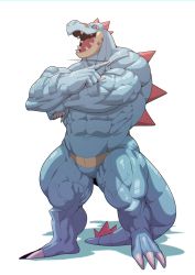 Rule 34 | 1boy, abs, absurdres, artist request, bandages, claws, creatures (company), crocodilian, crocodilian tail, crossed arms, fangs, feraligatr, game freak, gen 2 pokemon, happy, highres, looking at viewer, looking down, male focus, muscular, muscular arms, muscular legs, muscular male, nintendo, pectorals, pokemon, reptile, smile, solo, tail, veins, yellow eyes