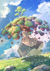 Rule 34 | 1girl, apron, atelier umiyury, blue sky, brown hair, cloud, cloudy sky, commentary, day, dress, flower, frilled apron, frills, grass, green dress, hat, hat flower, highres, holding, light particles, long hair, long sleeves, looking afar, original, outdoors, rock, scenery, signature, sky, solo, tree, walking, white apron, white flower