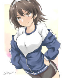 Rule 34 | 1girl, alternate breast size, artist name, black hair, breasts, dated, gakky, gradient background, gym shirt, gym shorts, gym uniform, hairband, jacket, kantai collection, long sleeves, looking at viewer, medium breasts, open clothes, open jacket, shirt, short hair, shorts, smile, solo, tanikaze (kancolle), track jacket, white background, white hairband, white shirt, yellow eyes