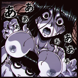 Rule 34 | 1boy, 1girl, :o, :|, artist name, bags under eyes, bare shoulders, between breasts, black hair, blank stare, bowl cut, breast rest, breasts, breasts on head, closed mouth, grey tongue, ju-on, karosu maker, long hair, looking at viewer, messy hair, mother and son, nipples, open mouth, pale skin, runny makeup, saeki kayako, saeki toshio, saeki toshio (ju-on), unaligned breasts, upper body, very long hair, wide-eyed