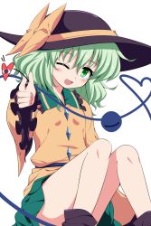 Rule 34 | 1girl, aiming, aiming at viewer, bad id, bad pixiv id, bow, finger gun, green eyes, green hair, hat, hat bow, heart, heart of string, highres, isa, komeiji koishi, long sleeves, matching hair/eyes, one eye closed, open mouth, shirt, sitting, skirt, smile, solo, third eye, touhou, wide sleeves