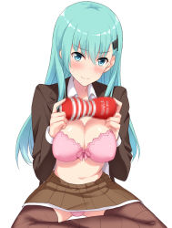Rule 34 | 10s, 1girl, aqua eyes, aqua hair, artificial vagina, bad id, bad pixiv id, blazer, blush, bra, breasts, brown skirt, brown thighhighs, censored, cleavage, cocona (coconacafe), hair ornament, hairclip, highres, indian style, jacket, kantai collection, long hair, looking at viewer, medium breasts, mosaic censoring, open clothes, open shirt, panties, pink bra, pink panties, pleated skirt, school uniform, sex toy, shirt, sitting, skirt, smile, solo, striped clothes, striped thighhighs, suzuya (kancolle), sweatdrop, tenga, thighhighs, underwear, vibrator