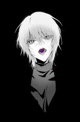 Rule 34 | 1boy, absurdres, artist name, black background, blending, blonde hair, candy, commentary request, ddu 45, food, greyscale, hair between eyes, head tilt, highres, kamiki hikaru, korean commentary, looking at viewer, monochrome, open mouth, oshi no ko, short hair, simple background, solo, spot color, star-shaped pupils, star (symbol), symbol-shaped pupils, teeth, tongue, tongue out, upper body, upper teeth only