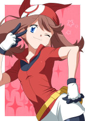 Rule 34 | 1girl, :3, bandana, blue eyes, breasts, brown hair, commentary request, creatures (company), dokushibuki, eyelashes, fanny pack, game freak, gloves, hand on own hip, highres, may (pokemon), nintendo, pink background, pokemon, pokemon rse, red bandana, red shirt, shirt, short sleeves, simple background, small breasts, solo, v, yellow bag