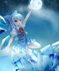 Rule 34 | 1girl, bad id, blue eyes, blue hair, blue nails, blue theme, bow, cirno, dress, full moon, hair bow, ice, ice wings, matching hair/eyes, moon, nail polish, night, night sky, outstretched arm, reaching, short hair, sky, smile, solo, touhou, wings, yatsuki yura