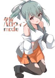 Rule 34 | 1girl, absurdres, black footwear, black pantyhose, blunt bangs, boots, brown eyes, character name, commentary request, crop top, detached sleeves, grey hair, highres, huge filesize, kantai collection, long hair, orange skirt, pantyhose, patchwork skin, pleated skirt, ponytail, simple background, skirt, sleeves past fingers, sleeves past wrists, solo, torn clothes, torn pantyhose, uut, white background, yuubari (kancolle), yuubari kai ni (kancolle), zombie