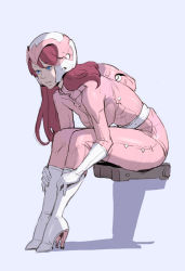 Rule 34 | 1girl, bad id, bad tumblr id, blue eyes, bodysuit, boots, breasts, brown hair, gloves, high heel boots, high heels, kilart, leaning forward, legs together, original, pink theme, science fiction, sitting, solo, white footwear, white gloves