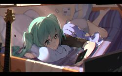 Rule 34 | 1girl, barefoot, blanket, chromatic aberration, earbuds, earphones, electric guitar, green eyes, green hair, guitar, hatsune miku, highres, indoors, instrument, letterboxed, long hair, lying, monitor, mouth hold, pillow, solo, twintails, vocaloid, wallpaper, zhayin-san