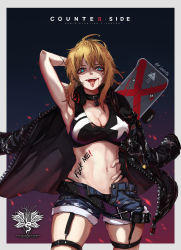 Rule 34 | 1girl, :d, ahoge, amy strickland, arm behind head, arm up, artist name, bandaid, bandaid on cheek, bandaid on face, black collar, black gloves, black jacket, black panties, black sports bra, blonde hair, blood, blood from mouth, blood on face, blue eyes, body writing, breasts, cleavage, collar, collarbone, commentary, copyright name, counter:side, cowboy shot, denim, denim shorts, ear piercing, fingerless gloves, garter straps, gloves, groin, hair between eyes, hand on own hip, headphones, headphones around neck, highleg, highleg panties, highres, jacket, jacket on shoulders, laduga, large breasts, leg belt, looking at viewer, midriff, navel, open clothes, open mouth, open shorts, panties, piercing, profanity, scar, scar on face, short hair with long locks, short shorts, shorts, single bare shoulder, skindentation, smile, solo, spoilers, sports bra, standing, star (symbol), star print, teeth, tongue, tongue out, tongue piercing, underwear, upper teeth only, zipper, zipper pull tab
