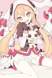 Rule 34 | 10s, 1girl, animal hood, black gloves, blonde hair, bow, bowtie, bracelet, buttons, dress, fujimoto sanchi no kedama, gloves, hand to own mouth, heart, heart-shaped pupils, hood, hoodie, jewelry, kuchiiteru, long hair, looking at viewer, merc storia, open mouth, pink background, sitting, solo, stuffed toy, symbol-shaped pupils, thigh strap, torn clothes, wariza, wavy mouth