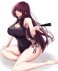 Rule 34 | absurdres, bad id, bad twitter id, bare arms, breasts, china dress, chinese clothes, cross-laced slit, dress, fate/grand order, fate (series), folded fan, folding fan, hair intakes, hand fan, highres, holding, holding fan, large breasts, long hair, paper fan, purple hair, red eyes, saboten teishoku, scathach (fate), side-tie dress, sideless outfit, sleeveless, sleeveless dress, solo, very long hair