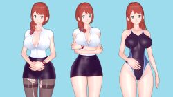 Rule 34 | 1girl, 3d, alternate costume, arms under breasts, artist request, bare legs, braid, breasts, competition swimsuit, covered navel, crossed arms, curvy, digimon, digimon adventure: last evolution kizuna, green eyes, highres, large breasts, long hair, menoa bellucci, miniskirt, multiple views, one-piece swimsuit, open clothes, open shirt, pantyhose, shiny skin, single braid, skirt, smile, solo, standing, swimsuit, torn clothes, torn pantyhose, very long hair, wide hips