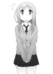Rule 34 | 1girl, aikawa chiho, blush, breasts, buttons, cardigan, collared shirt, commentary request, cowboy shot, flying sweatdrops, grey background, greyscale, katatsuka kouji, long hair, long sleeves, looking at viewer, monochrome, open mouth, own hands together, pleated skirt, school uniform, shirt, simple background, skirt, sleeves past wrists, solo, standing, v arms, white background, yuyushiki