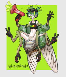 Rule 34 | 1girl, absurdres, antennae, arthropod girl, arthropod limbs, cicada girl, commentary request, crop top, double v, eyewear on head, flat chest, full body, green background, green eyes, green hair, hawaiian shirt, highres, looking at viewer, monster girl, nicoq (koikoihaihai), original, shirt, short hair, short twintails, simple background, solo, sunglasses, twintails, v