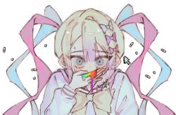 Rule 34 | 1girl, blonde hair, blue bow, blue eyes, blue hair, blue shirt, bow, chouzetsusaikawa tenshi-chan, commentary, covering own mouth, cursor, hair bow, hair ornament, hand over own mouth, hand up, heart, heart hair ornament, highres, long hair, long sleeves, looking at viewer, multicolored hair, multiple hair bows, needy girl overdose, pill, pink bow, pink hair, purple bow, quad tails, sailor collar, shirt, simple background, solo, symbol-only commentary, upper body, vomiting, vomiting rainbows, white background, wide-eyed, yaya (tangbuhuitianle), yellow bow
