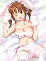 Rule 34 | 1girl, absurdres, animal ears, bare shoulders, bed, blush, breasts, brown hair, collarbone, from above, highres, idolmaster, idolmaster cinderella girls, large breasts, looking at viewer, lying, mittens, natsuya (natuya777), navel, on back, one eye closed, rabbit ears, smile, solo, tagme, thighhighs, totoki airi, white mittens, white thighhighs
