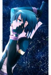 Rule 34 | 10s, 1boy, arm up, black gloves, black hair, blue eyes, blue hair, closed mouth, constellation, dated, gloves, holding, holding sword, holding weapon, jacket, kirito, long sleeves, looking at viewer, looking to the side, male focus, night, night sky, sheath, short hair, signature, sky, smile, solo, star (symbol), starry background, sword, sword art online, tsukimori usako, unsheathing, upper body, weapon, weapon on back