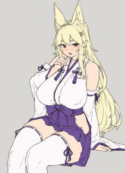Rule 34 | 1girl, animal ears, blonde hair, blue skirt, blurry, blurry background, blush, breasts, detached sleeves, fox ears, highres, hip vent, houtengeki, japanese clothes, kimono, large breasts, long hair, looking at viewer, open mouth, original, red eyes, sitting, skirt, sleeveless, sleeveless kimono, solo, thighhighs, thighs, unfinished, white kimono, white thighhighs, wide sleeves
