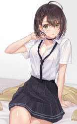 Rule 34 | 1girl, ahoge, arm support, azur lane, baltimore (after-school ace) (azur lane), baltimore (azur lane), black necktie, black skirt, blush, braid, breasts, brown eyes, brown hair, choker, cleavage, collared shirt, commentary request, crown braid, hair between eyes, hand in own hair, hand up, highres, jacket, unworn jacket, looking at viewer, loose necktie, medium breasts, mexif, necktie, official alternate costume, plaid, pleated skirt, revision, shirt, shirt tucked in, short hair, sitting, skirt, solo, sweater, unworn sweater, thighs, white background, white shirt, yellow sweater
