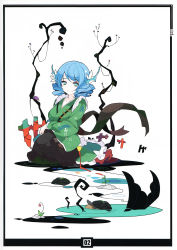 Rule 34 | 1girl, absurdres, adapted costume, alternate costume, animal ears, blue eyes, blue hair, drill hair, fins, flower, frills, hair flower, hair ornament, head fins, highres, ideolo, japanese clothes, kimono, long sleeves, looking at viewer, matching hair/eyes, mermaid, monster girl, partially submerged, ribbon, scan, simple background, smile, solo, touhou, wakasagihime, water, white background, wide sleeves