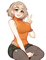 Rule 34 | ashley graham, blonde hair, blush, blushyspicy, bra visible through clothes, breasts, green eyes, highres, jewelry, large breasts, narrow waist, necklace, pantyhose, resident evil, resident evil 4, short hair, skort, sleeveless, sleeveless turtleneck, smile, sweater, thighs, torn clothes, turtleneck, v