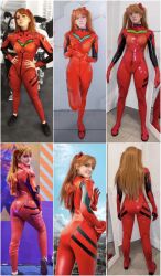Rule 34 | 1girl, ass, blue eyes, bodysuit, brazilian (nationality), breasts, brown hair, comparison, cosplay, full body, hairpods, highres, interface headset, lips, looking at viewer, medium breasts, memepantazis, multiple views, neon genesis evangelion, photo (medium), plugsuit, red bodysuit, shiny clothes, solo, souryuu asuka langley, souryuu asuka langley (cosplay), standing, time progression, timeskip, twintails, twitter username, two side up, wide hips