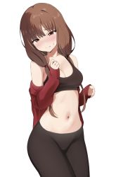 Rule 34 | 1girl, black pants, blunt bangs, blush, breasts, brown eyes, brown hair, cleavage, closed mouth, coro fae, cow, cowboy shot, highres, iino miko, jacket, kaguya-sama wa kokurasetai ~tensai-tachi no renai zunousen~, long hair, long sleeves, looking at viewer, low twintails, navel, off shoulder, open clothes, open jacket, pants, photoshop (medium), red jacket, simple background, sleeves past wrists, smile, solo, sports bra, stomach, sweatdrop, twintails, white background, yoga pants