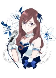 Rule 34 | 1girl, bare shoulders, blue ribbon, brown hair, flower, glasses, gloves, hair ribbon, highres, holding, holding microphone, idolmaster, idolmaster cinderella girls, idolmaster cinderella girls starlight stage, lily (flower), long hair, microphone, morinaga miki, purple eyes, ribbon, solo, starry sky bright, white gloves, yagami makino