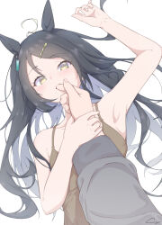 Rule 34 | 1boy, 1girl, ahoge, armpits, black hair, brown camisole, camisole, ci4, collarbone, commentary request, finger to another&#039;s mouth, fingernails, hair ornament, hairclip, highres, horse girl, long hair, looking at viewer, lying, manhattan cafe (umamusume), multicolored hair, on back, simple background, solo focus, streaked hair, umamusume, white background, white hair, yellow eyes