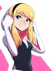 Rule 34 | 1girl, animification, blonde hair, blue eyes, bodysuit, breasts, closed mouth, commentary, english commentary, gwen stacy, hairband, highres, hood, hood up, hooded bodysuit, marvel, medium breasts, smile, solo, spider-gwen, spider-man (series), spider web print, superhero costume, thejg