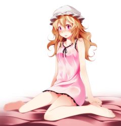 Rule 34 | 1girl, absurdres, bad id, bad pixiv id, bare arms, bare legs, bare shoulders, barefoot, blonde hair, blush, collarbone, female focus, hat, highres, long sleeves, maribel hearn, mob cap, night, nightgown, open mouth, purple hair, solo, touhou, tsukishiro saika