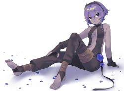 Rule 34 | 1girl, absurdres, arm support, asymmetrical gloves, barefoot, black gloves, black hairband, black pants, black ribbon, breasts, cleavage, dark-skinned female, dark skin, fate/prototype, fate/prototype: fragments of blue and silver, fate (series), feet, fingerless gloves, flower, full body, gloves, hair between eyes, hairband, hassan of serenity (fate), highres, kaerude123, navel, pants, petals, purple eyes, purple flower, purple hair, ribbon, short hair with long locks, sidelocks, sitting, small breasts, solo, toes, uneven gloves
