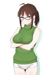 Rule 34 | 1girl, akizuki ritsuko, alternate hairstyle, antenna hair, arms under breasts, bare arms, bare shoulders, black-framed eyewear, blunt bangs, blush, breasts, brown eyes, brown hair, closed mouth, commentary request, cowboy shot, crossed arms, drop shadow, glasses, green sweater, highres, idolmaster, idolmaster (classic), large breasts, looking at viewer, minakamirin, ponytail, short hair, short shorts, shorts, sidelocks, simple background, sleeveless, sleeveless turtleneck, solo, standing, sweatdrop, sweater, thigh gap, turtleneck, turtleneck sweater, white background, white shorts