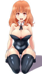 Rule 34 | 1girl, bare shoulders, black legwear, black leotard, breasts, cleavage, collar, covered navel, detached collar, girls und panzer, highres, kitayama miuki, large breasts, leotard, long hair, looking at viewer, neckerchief, open mouth, playboy bunny, sitting, skin tight, skindentation, solo, strapless, strapless leotard, takebe saori, white collar, wrist cuffs