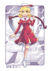 Rule 34 | 1girl, blonde hair, bow, brick wall, colonel aki, commentary request, curly hair, dress, elly (touhou), gate, green eyes, hair between eyes, hat, hat bow, holding, holding scythe, juliet sleeves, leg up, long hair, long sleeves, looking at viewer, open mouth, puffy sleeves, red dress, scythe, smile, socks, solo, sun hat, tiles, touhou, translation request, wall, yellow eyes