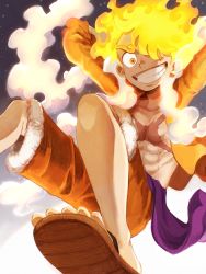 Rule 34 | 1boy, alternate form, alternate hair color, commentary request, fiery hair, fur trim, gear fifth, gradient background, grin, happy, highres, looking at viewer, monkey d. luffy, oekakiboya, one piece, orange eyes, orange hair, orange pants, orange shirt, pants, sandals, scar, scar on chest, scar on face, shirt, short hair, smile, solo, spoilers