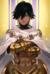 Rule 34 | abs, armor, black hair, cape, closed mouth, crossed arms, dark-skinned male, dark skin, earrings, fate/prototype, fate (series), faulds, gauntlets, gold, hair between eyes, hungry clicker, jewelry, looking at viewer, navel, ozymandias (fate), smile, solo, striped, striped background, white cape, yellow background, yellow eyes