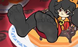 Rule 34 | 1girl, artist request, ashley (warioware), black hair, black pantyhose, closed mouth, doughnut, dress, eyebrows, feet, female focus, food, foot focus, hairband, legs up, long hair, nintendo, orange hairband, orange neckwear, oversized food, oversized object, pantyhose, plate, red dress, red eyes, see-through, shaded face, sidelocks, sitting, skull, solo, toes, twintails, v-shaped eyebrows, warioware