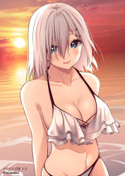 Rule 34 | 1girl, alternate hair length, alternate hairstyle, bikini, blush, breasts, cleavage, closed mouth, dated, frilled bikini, frills, grey hair, hair between eyes, hair ornament, hairclip, hamakaze (kancolle), highres, kantai collection, large breasts, looking at viewer, makeup, medium hair, mimamui, ocean, one-hour drawing challenge, outdoors, solo, sunset, swimsuit, twitter username, upper body, water, white bikini