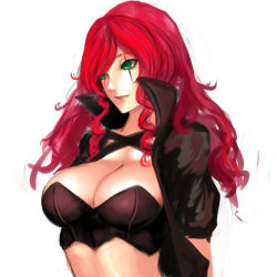 Rule 34 | 1girl, breasts, bustier, cleavage, green eyes, high collar, highres, jacket, katarina (league of legends), kumiko shiba, large breasts, league of legends, lips, nose, red hair, scar, short sleeves, solo, wavy hair