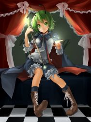Rule 34 | 1girl, antennae, bad id, bad pixiv id, black socks, boots, cape, checkered floor, cross-laced footwear, curtains, female focus, floor, green eyes, green hair, highres, lace-up boots, matching hair/eyes, nanairo, pants, short hair, shorts, sitting, socks, solo, stick, touhou, wand, wriggle nightbug