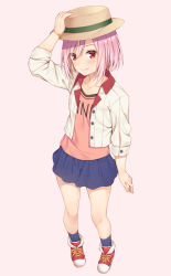 Rule 34 | 10s, 1girl, adjusting clothes, adjusting headwear, blush, full body, hair ornament, hairclip, hat, highres, koharu yoshino, looking at viewer, mikazuchi zeus, pink hair, red eyes, sakura quest, short hair, simple background, skirt, solo