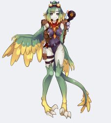Rule 34 | backpack, bag, bare shoulders, black leotard, black sclera, blonde hair, claws, colored sclera, digitigrade, dinosaur girl, dinosaur tail, feathered dinosaur, feathered wings, feathers, full body, goggles, goggles on head, gradient hair, green feathers, green hair, harpy, high ponytail, highleg, highleg leotard, highres, leotard, long hair, monster girl, monster girl island, multicolored hair, pinna (monster girl island), pouch, red scarf, redamz, scarf, sharp teeth, simple background, smile, spyglass, swept bangs, tail, talons, teeth, thigh pouch, thigh strap, winged arms, wings, yellow eyes, yellow feathers