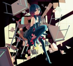Rule 34 | absurdres, bakemonogatari, black eyes, blue bow, blue hair, blue thighhighs, book, bow, chair, colored inner hair, desk, dress, from side, hair between eyes, highres, monogatari (series), multicolored hair, no bra, official art, open mouth, oshino ougi, owarimonogatari, short hair, sitting, solo, thighhighs, two-sided fabric, two-sided skirt, upside-down, vofan
