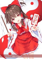 Rule 34 | 1girl, ascot, bow, breasts, brown hair, character name, collarbone, cowboy shot, detached sleeves, gohei, hair between eyes, hair bow, hair tubes, hakurei reimu, highres, holding, medium breasts, merxkialis, ofuda, red ascot, red bow, red eyes, red shirt, red skirt, ribbon-trimmed sleeves, ribbon trim, shirt, short hair, simple background, skirt, smile, solo, tongue, tongue out, touhou, white background, wide sleeves, yin yang