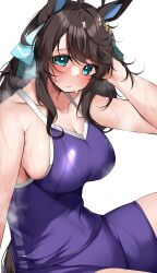Rule 34 | 1girl, absurdres, animal ears, aqua eyes, bare arms, breasts, brown hair, cleavage, collarbone, commentary request, commission, covered navel, daring tact (umamusume), hair ornament, hair ribbon, hand in own hair, highres, horse ears, horse girl, horse tail, kshimu, large breasts, long hair, nontraditional school swimsuit, ribbon, school swimsuit, simple background, sitting, skeb commission, solo, star (symbol), star hair ornament, sweat, swimsuit, tail, thighs, tracen swimsuit, umamusume, wet, white background